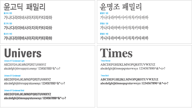 교통대학교 지정서체는 윤고딕패밀리, 윤명조패밀리, Univers, Times 서체를 사용합니다.